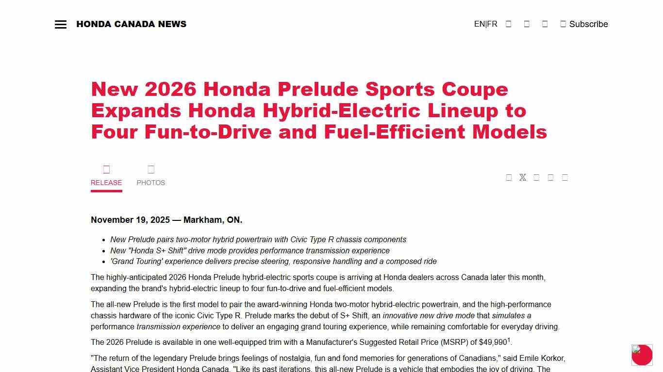 New 2026 Honda Prelude Sports Coupe Expands Honda Hybrid-Electric Lineup to Four Fun-to-Drive and Fuel-Efficient Models